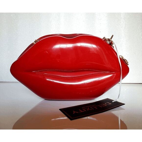 💋 Deluxity Red Lips Gold Chain Jelly Cute Chic Clutch Crossbody Bag NWT - Picture 15 of 16